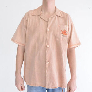 Vintage 90S Pirana Joe Coral Piranha Fish Button  Up Short Sleeve Shirt Size L